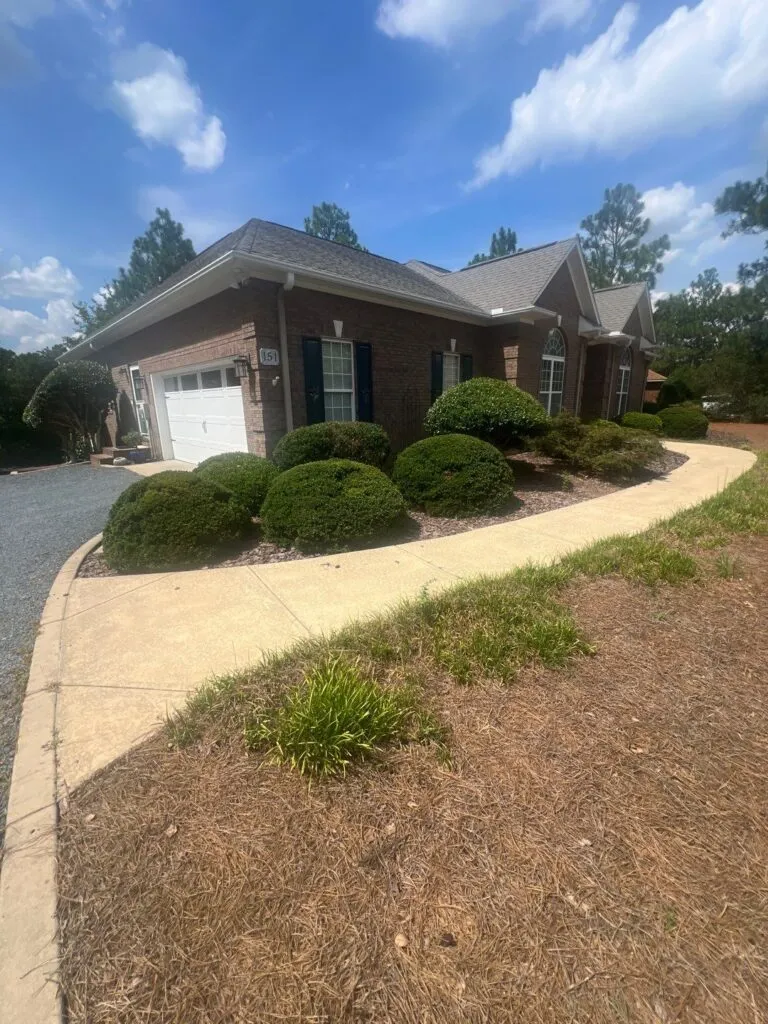 Clean side yard with fresh landscaping and maintained beds after renovation